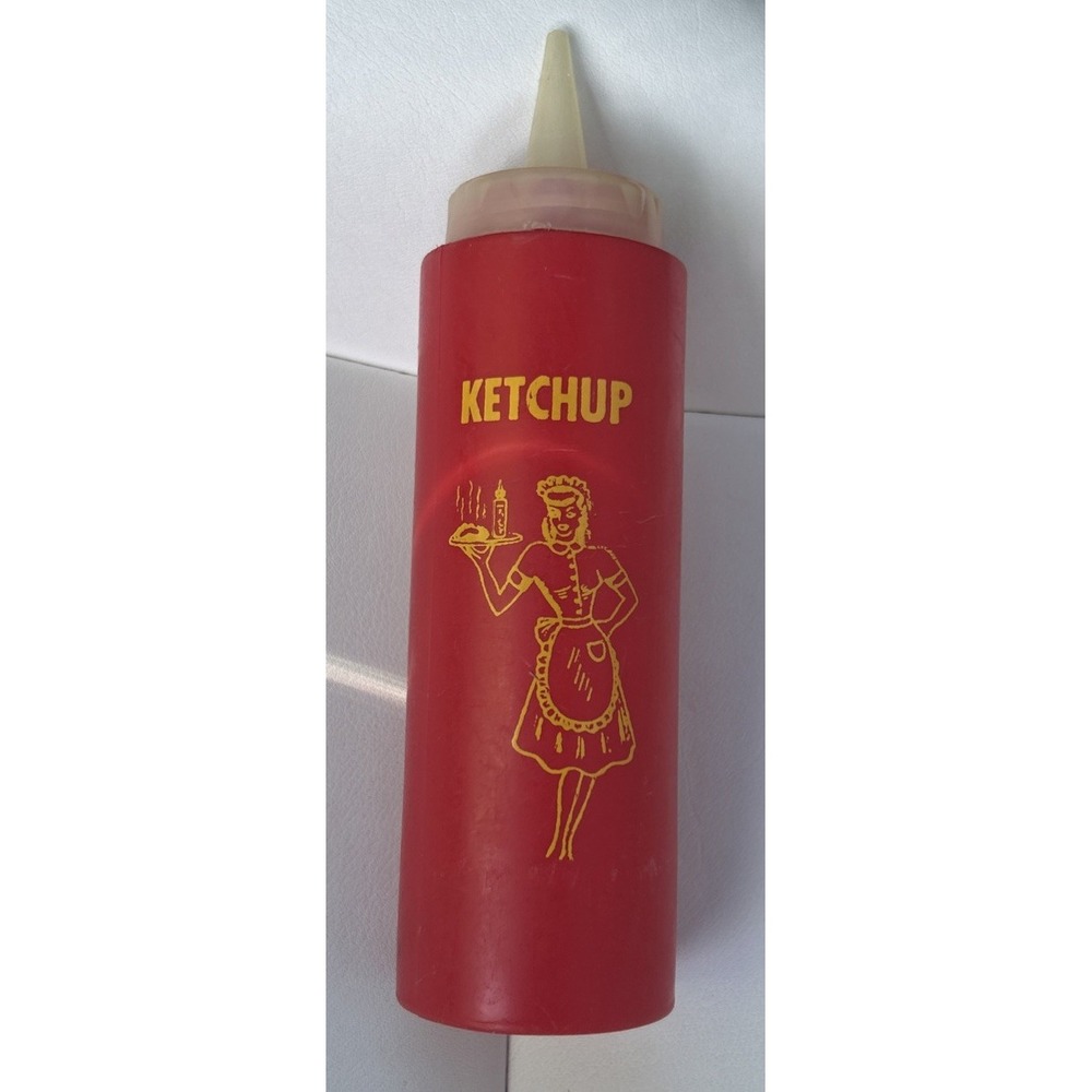 Vintage Red Ketchup Squeeze Bottle with Waitress Graphic Nostalgia Diner